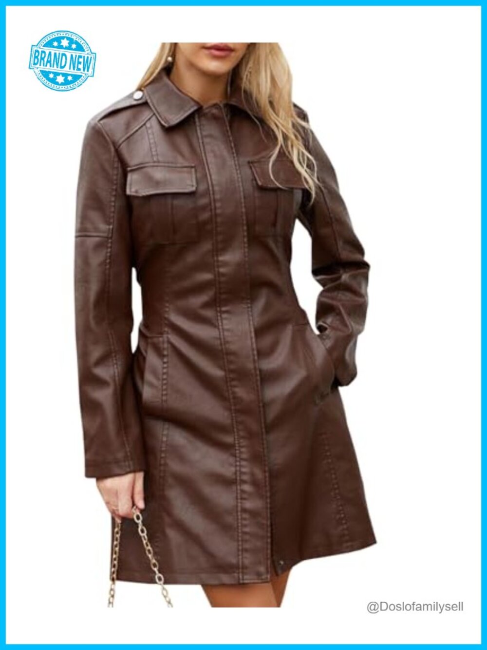 Faux Leather Trench Coat Long Sleeve Zip Up Belted Windbreaker